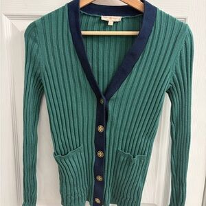 Tory Burch Teal Ribbed V-Neck Cardigan with Navy Trim